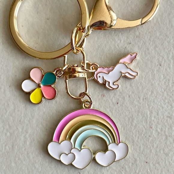 Rainbow Heart Clouds Unicorn Keychain Purse Charm - Picture 2 of 3